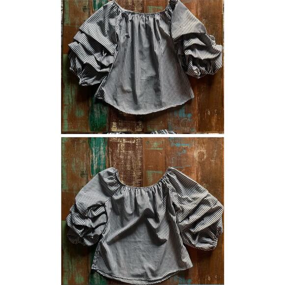 Kontrol contemporary striped blouse L puff sleeve black white off shoulder - Picture 7 of 8